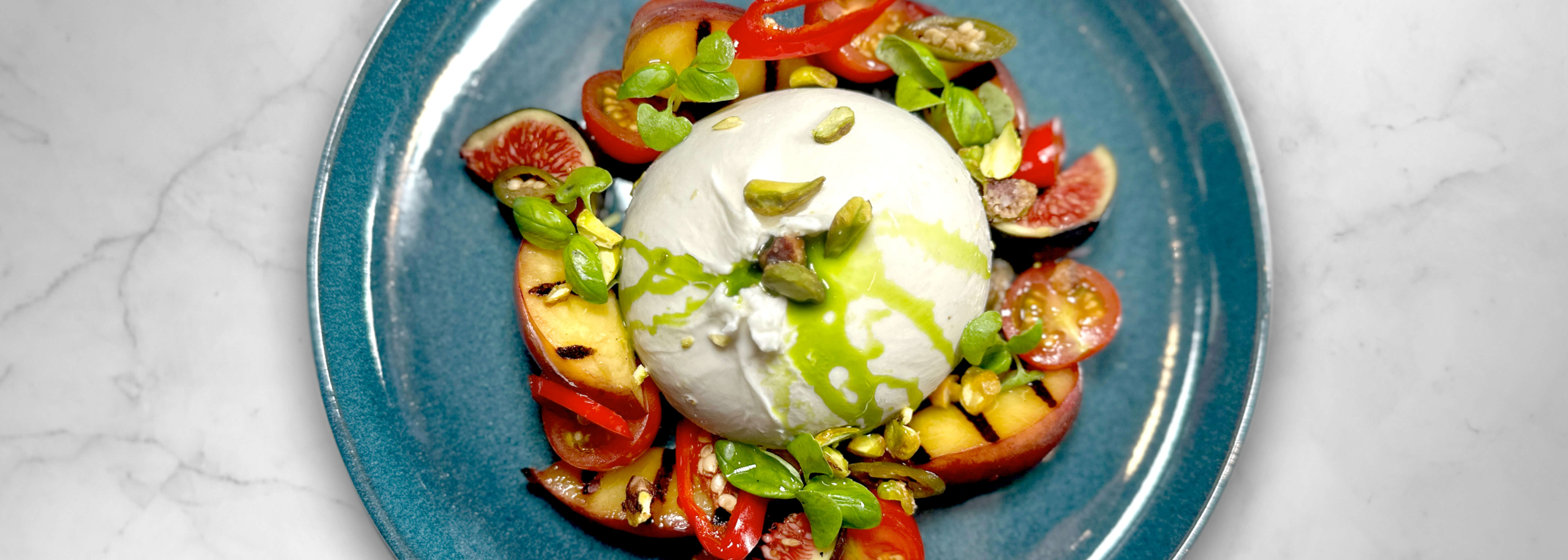 Burrata, Grilled Nectarine, Pickled Chilli, Candied Pistachio - Galbani