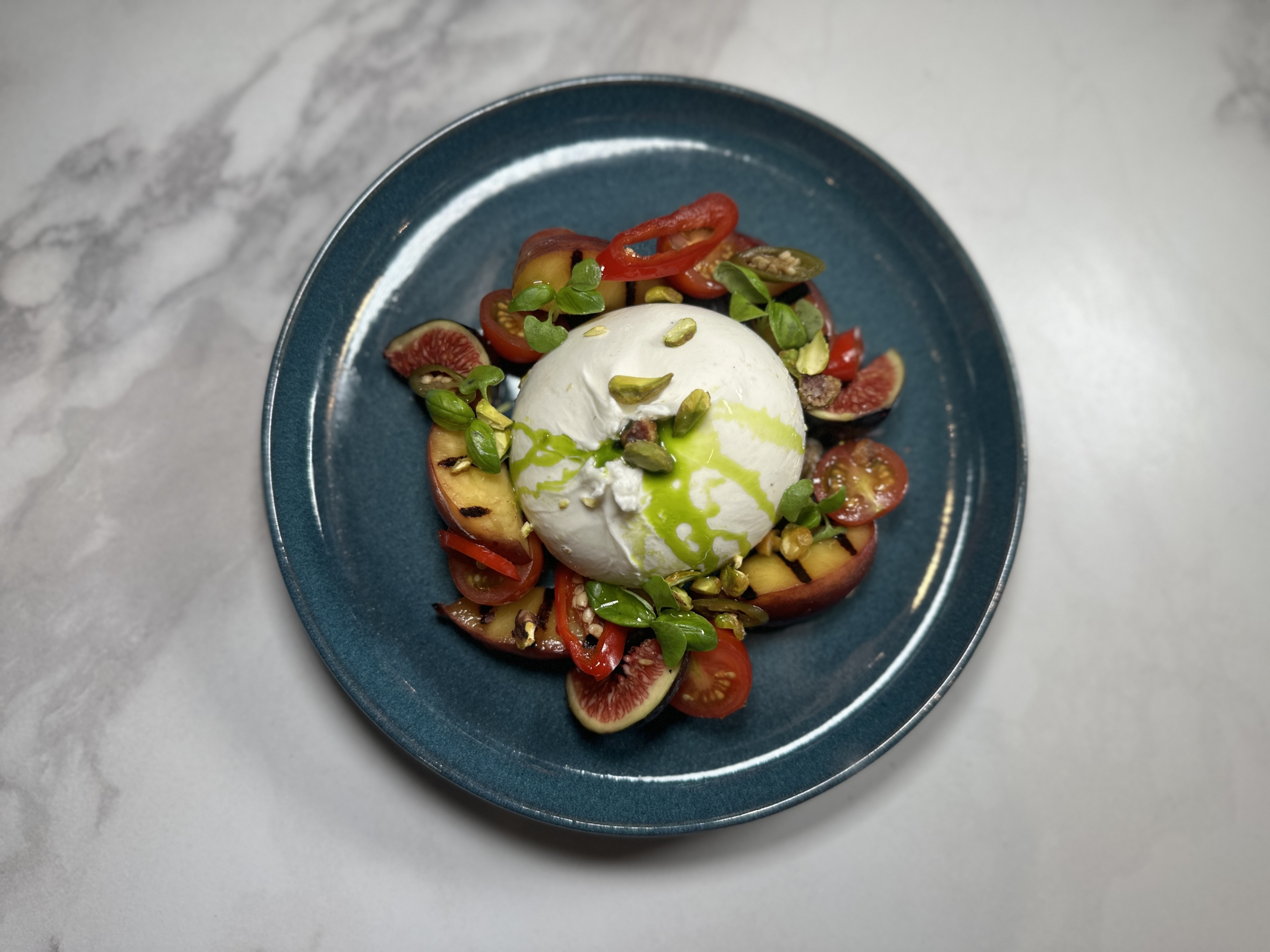 Burrata, Grilled Nectarine, Pickled Chilli, Candied Pistachio - Galbani