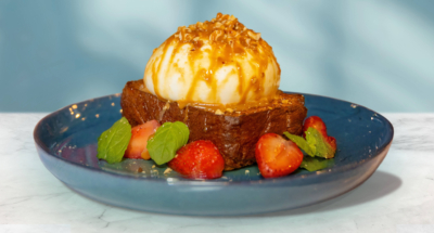 Burrata, French Toast, Caramel sauce, Strawberries, Toasted Hazelnut - Galbani